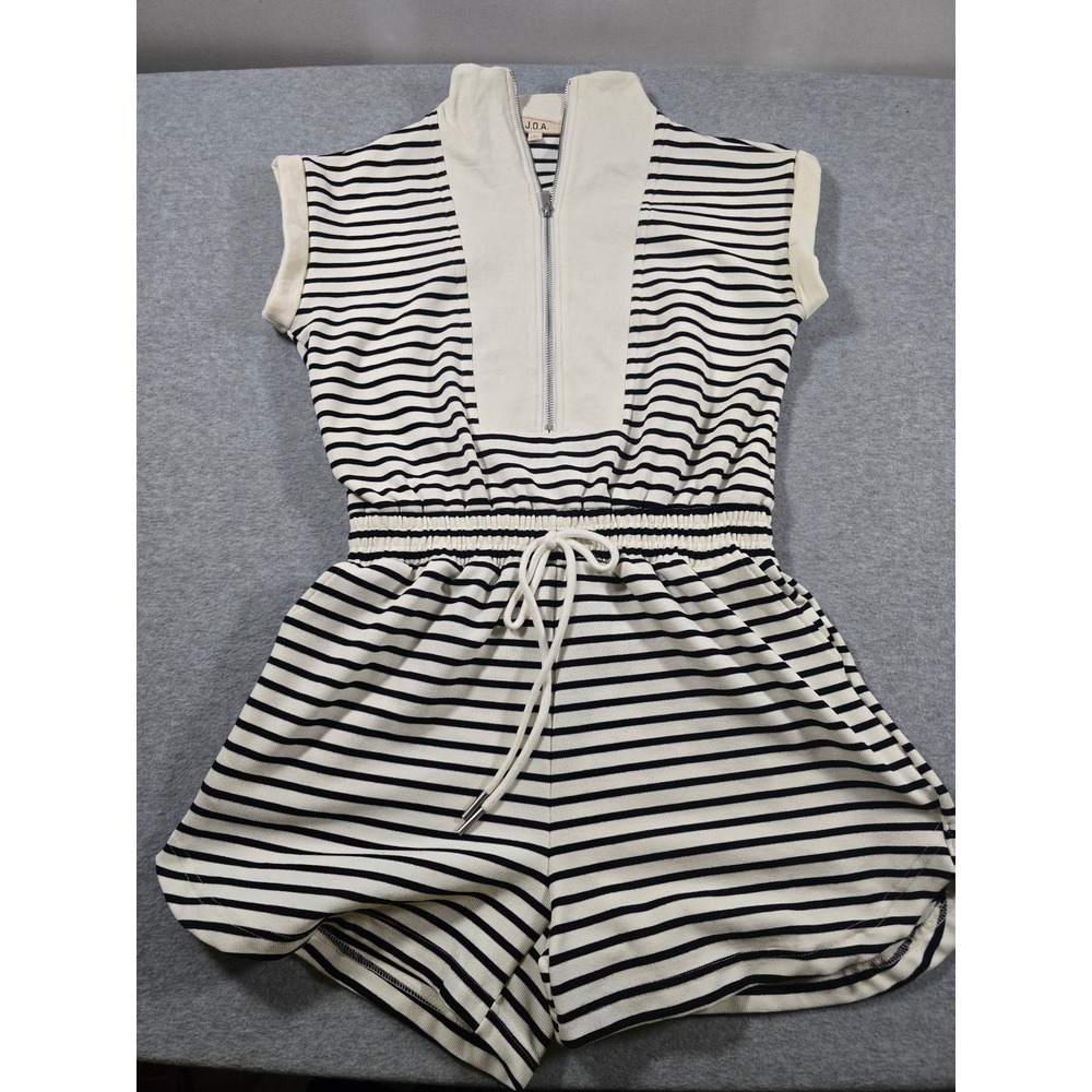 J.O.A. Womens Striped Half Zip Sleeveless Romper Black White Large Ribbed Knit